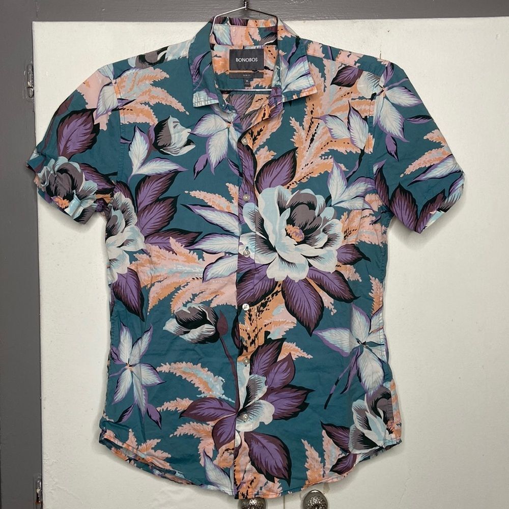 bonobos mens short sleeve slim button up shirt medium floral Hawaiian